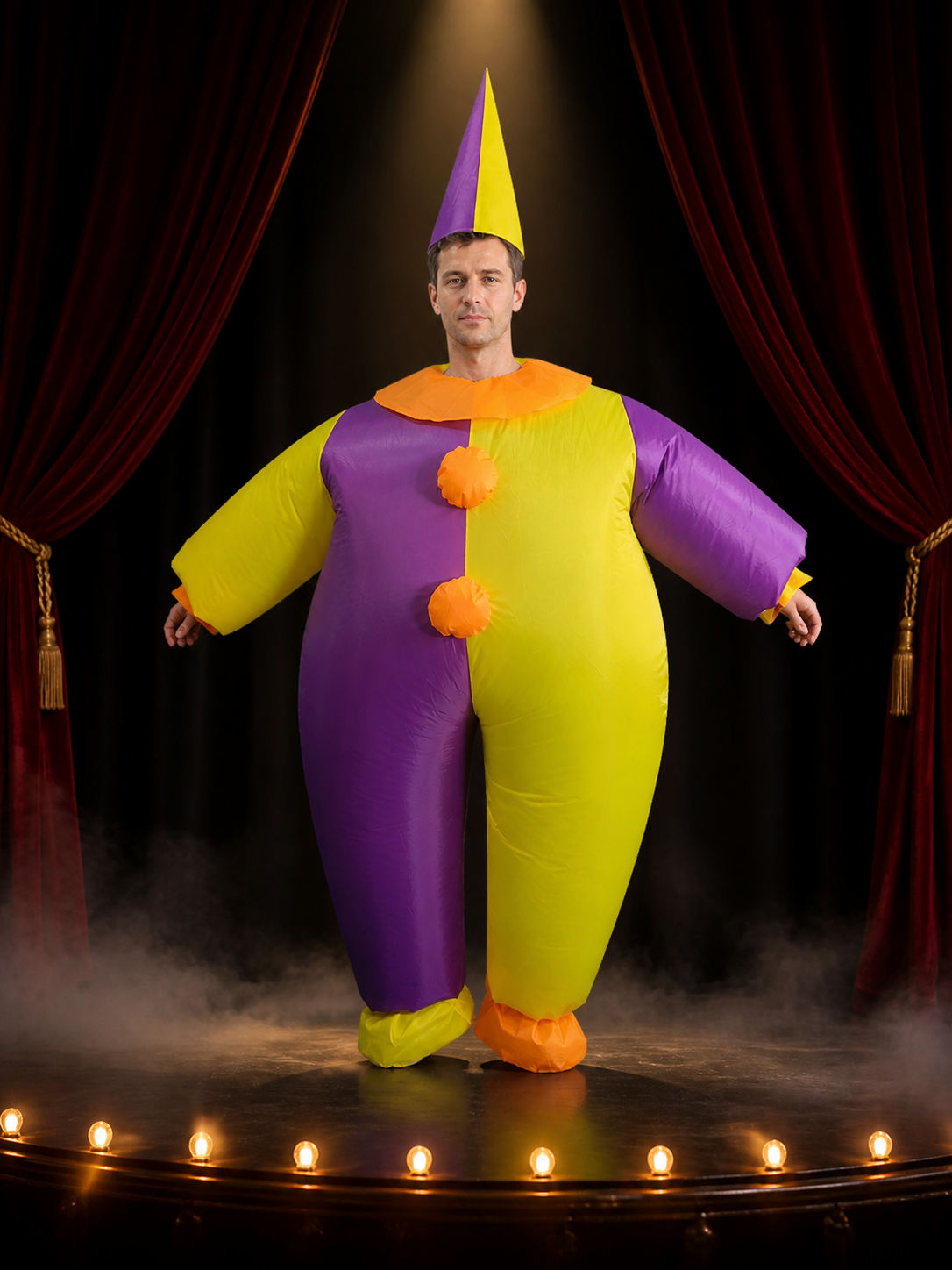 Inflatable Clown Jumpsuit Costume, Purple Yellow Split Color with Orange Costumes detail 3