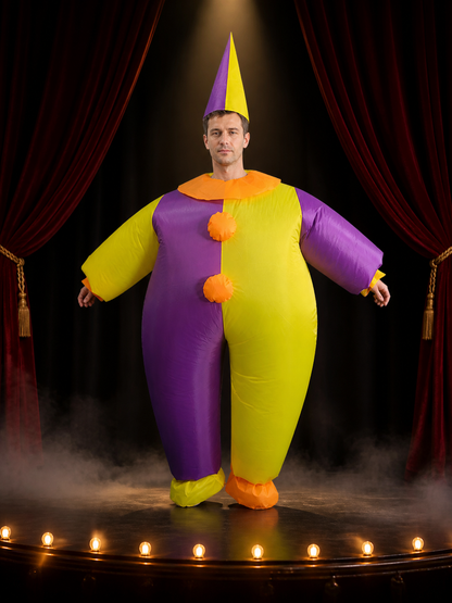 Inflatable Clown Jumpsuit Costume, Purple Yellow Split Color with Orange Costumes detail 3