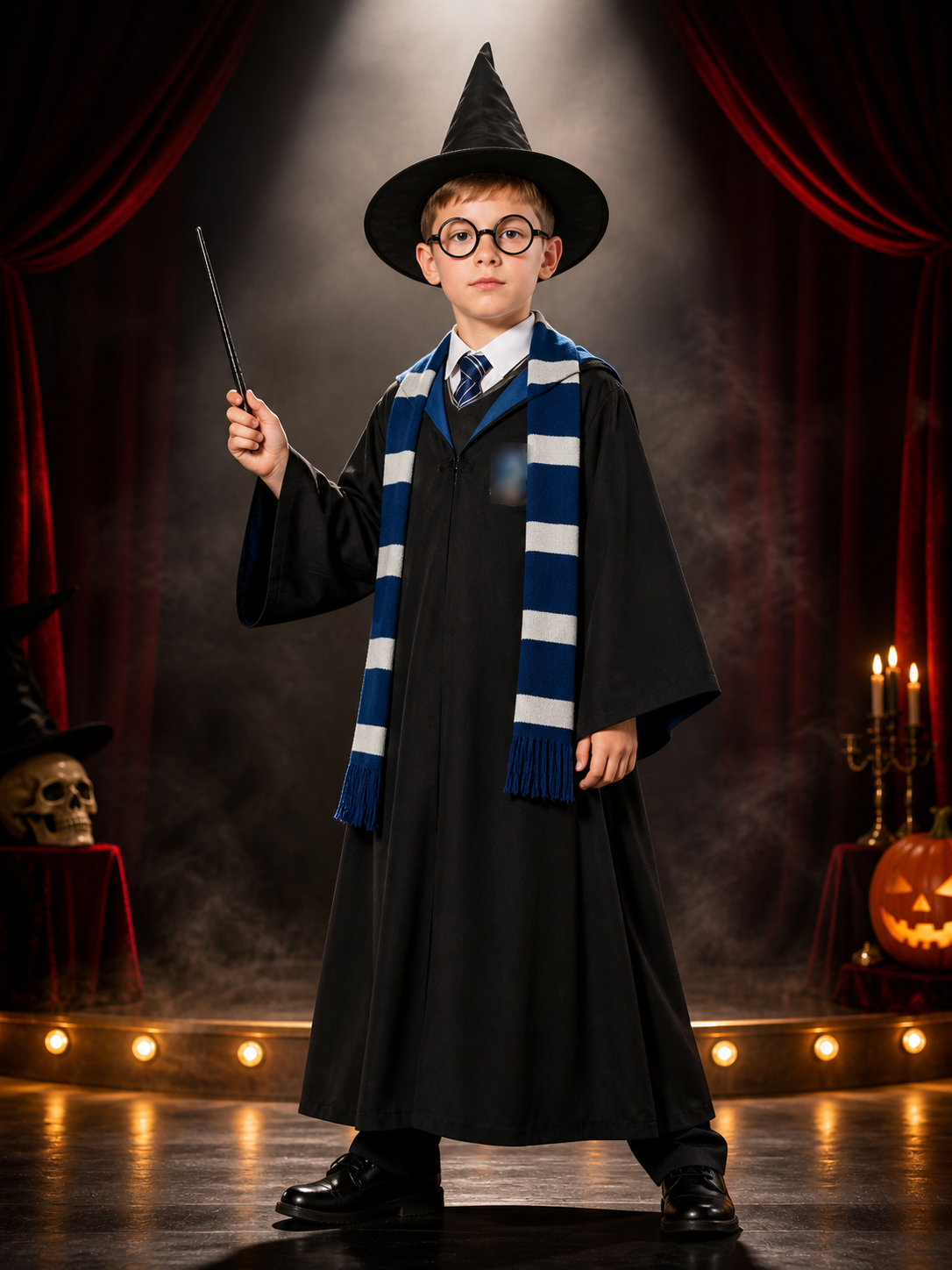 Wizard Costume Set With Robe, Hat, Tie, Scarf, Wand And Round Glasses Costume Headwear detail 3