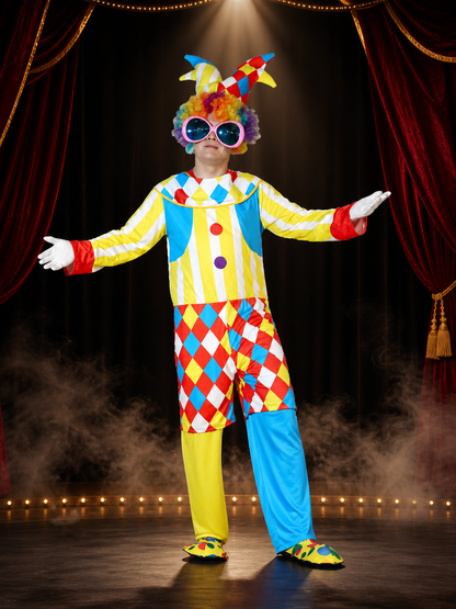 Unisex Clown Bodysuit Costume with Hat, Colorful Striped Jumpsuit for Halloween Costume Headwear detail 3