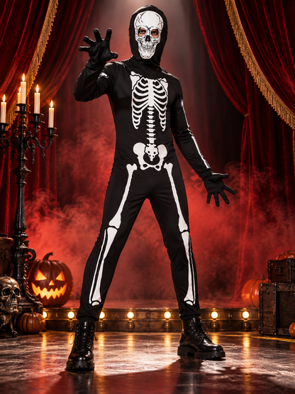 Kids' Skeleton Halloween Costume Black with Hood