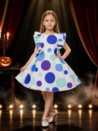 Girls' Polka Dot Princess Dress With Bow Accents, Flutter Sleeves, A-Line Formal Costume Dresses detail 3