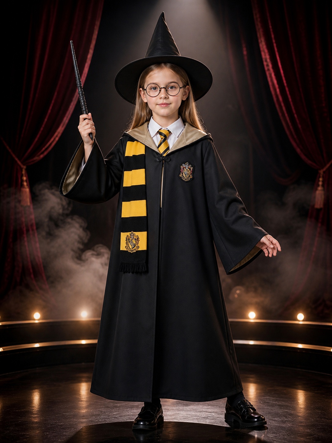 Black Wizard Costume Set With Hooded Robe, Hat, Scarf, Tie, Glasses And Wand Costume Headwear detail 3
