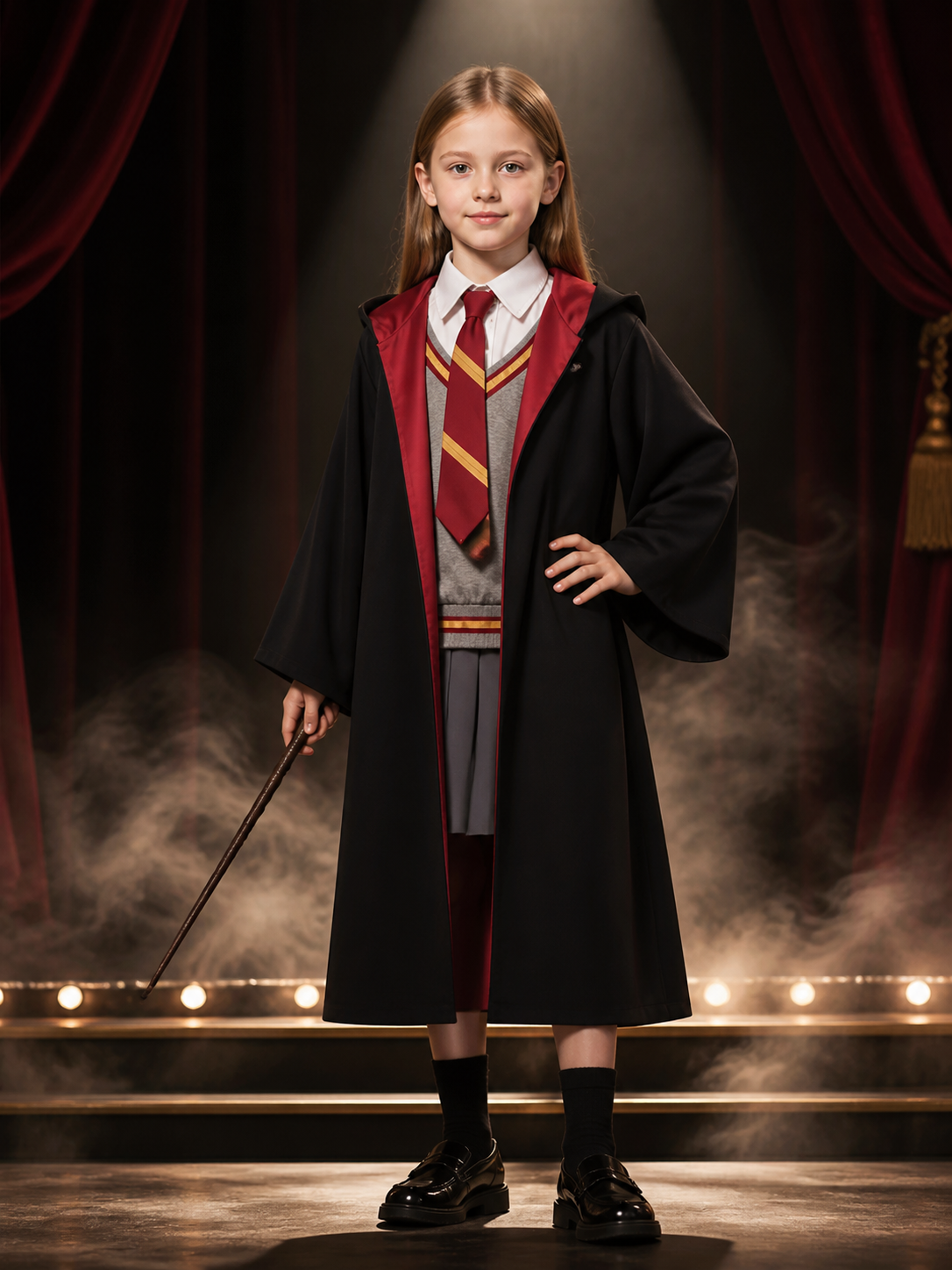 Girls Magic Academy Wizard Robe Costume, Black Hooded Cloak with Red Gold Tie Costume Capes detail 3