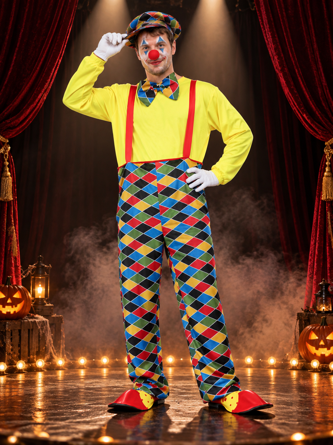 Adult Clown Costume with Hat and Bow Tie