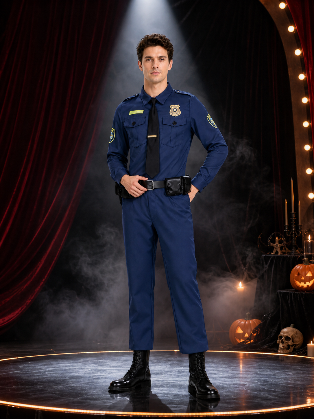 Police Officer Costume Set with Badge, Belt, and Tie - Navy Blue on-model stage scene view