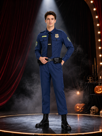 Police Officer Costume Set with Badge, Belt, and Tie - Navy Blue on-model stage scene view