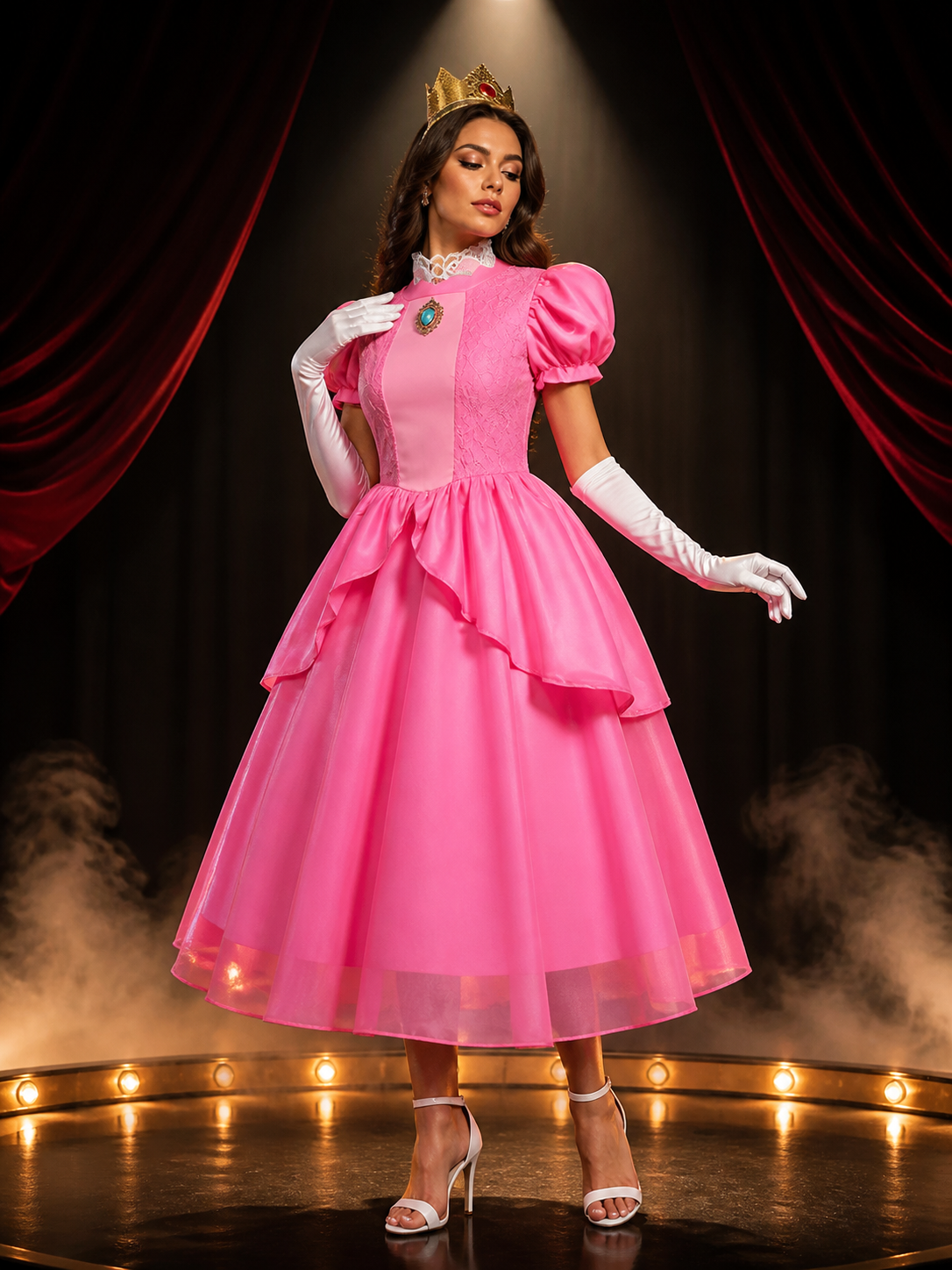 Girls Princess Peach Costume Dress Set - Pink Puffy Ball Gown with Crown and Costume Dresses detail 3