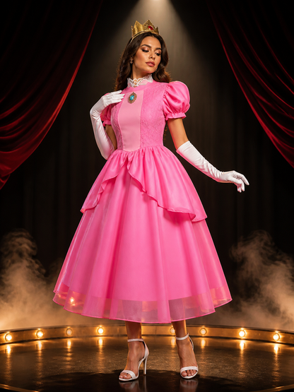 Girls Princess Peach Costume Dress Set - Pink Puffy Ball Gown with Crown and Costume Dresses detail 3