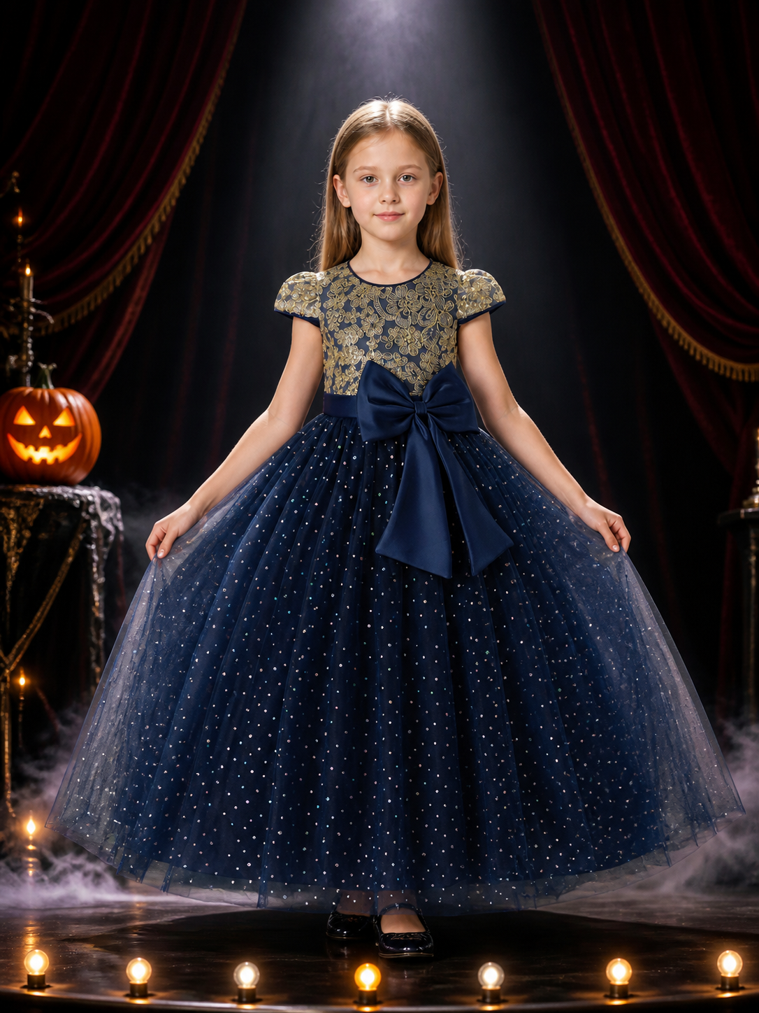 Girls' Navy Blue Princess Party Dress with Gold Embroidery, Bow, and Glitter Dot Costume Dresses detail 3