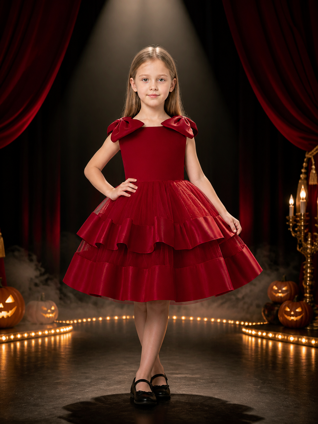 Girls' Burgundy Sleeveless Princess Dress, Layered Tulle Ruffles With Shoulder Costume Dresses detail 3
