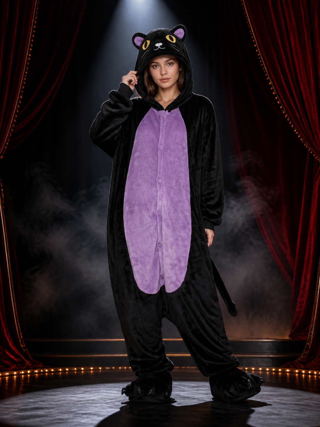 Midnight Cat Hooded Animal Onesie, Black and Purple Tail Costume Costumes detail 3