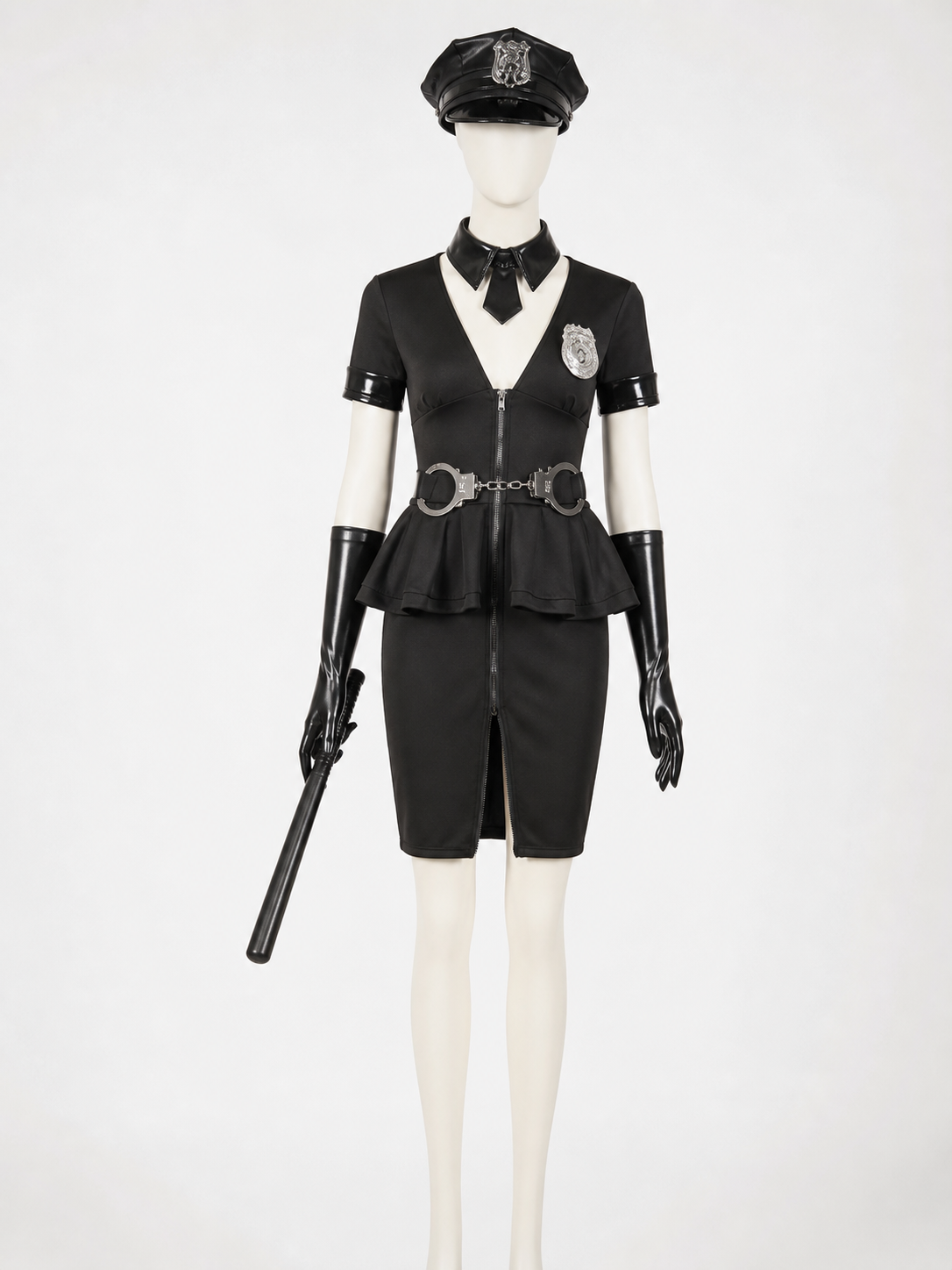 Women's Black Police Officer Halloween Costume Set with Hat, Gloves, and Costume Headwear detail 3