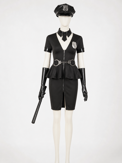 Women's Black Police Officer Halloween Costume Set with Hat, Gloves, and Costume Headwear detail 3