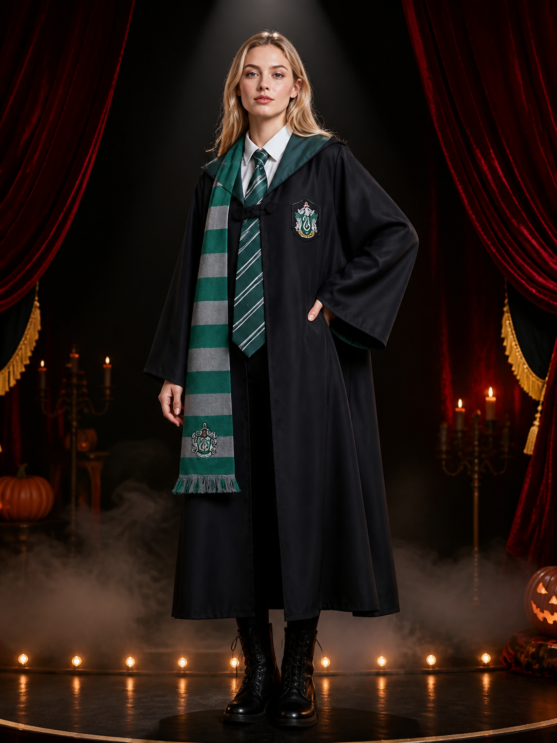 Green Gray Striped Wizard Cloak Costume Set with Hooded Robe, Scarf, and Tie Costume Capes detail 3