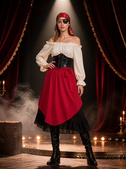 Women's Pirate Halloween Costume Set With Off-Shoulder Top And Asymmetric Red Costumes detail 3