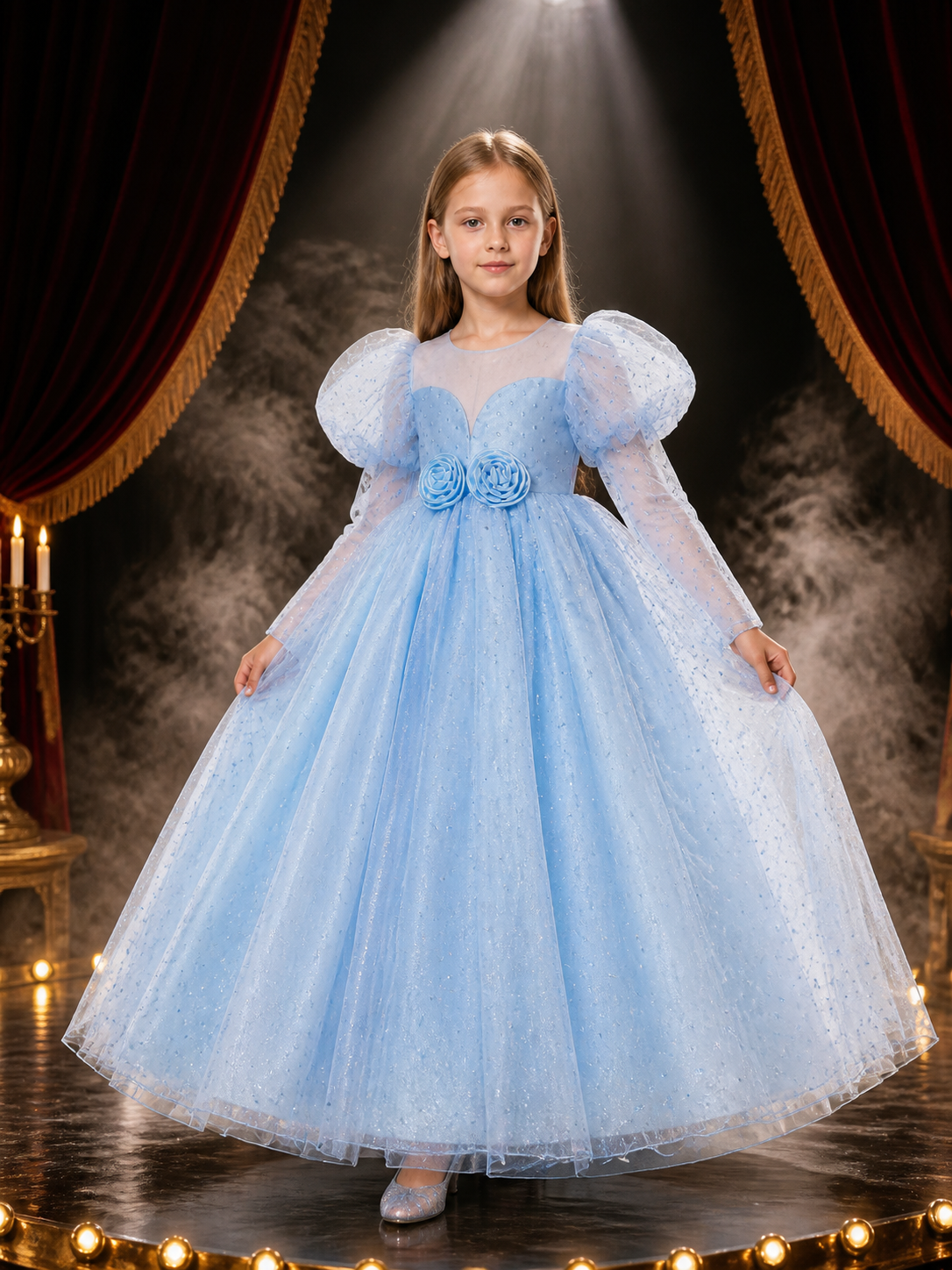 Girls' Light Blue Princess Dress With Puff Sleeves, Layered Tulle Skirt and Costume Dresses detail 3