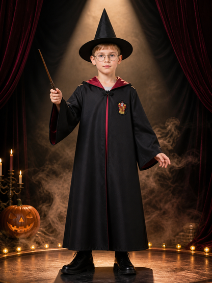 Kids Wizard Robe Costume Set, Hooded Black Cloak With Pointed Hat and Glasses Costume Capes detail 3