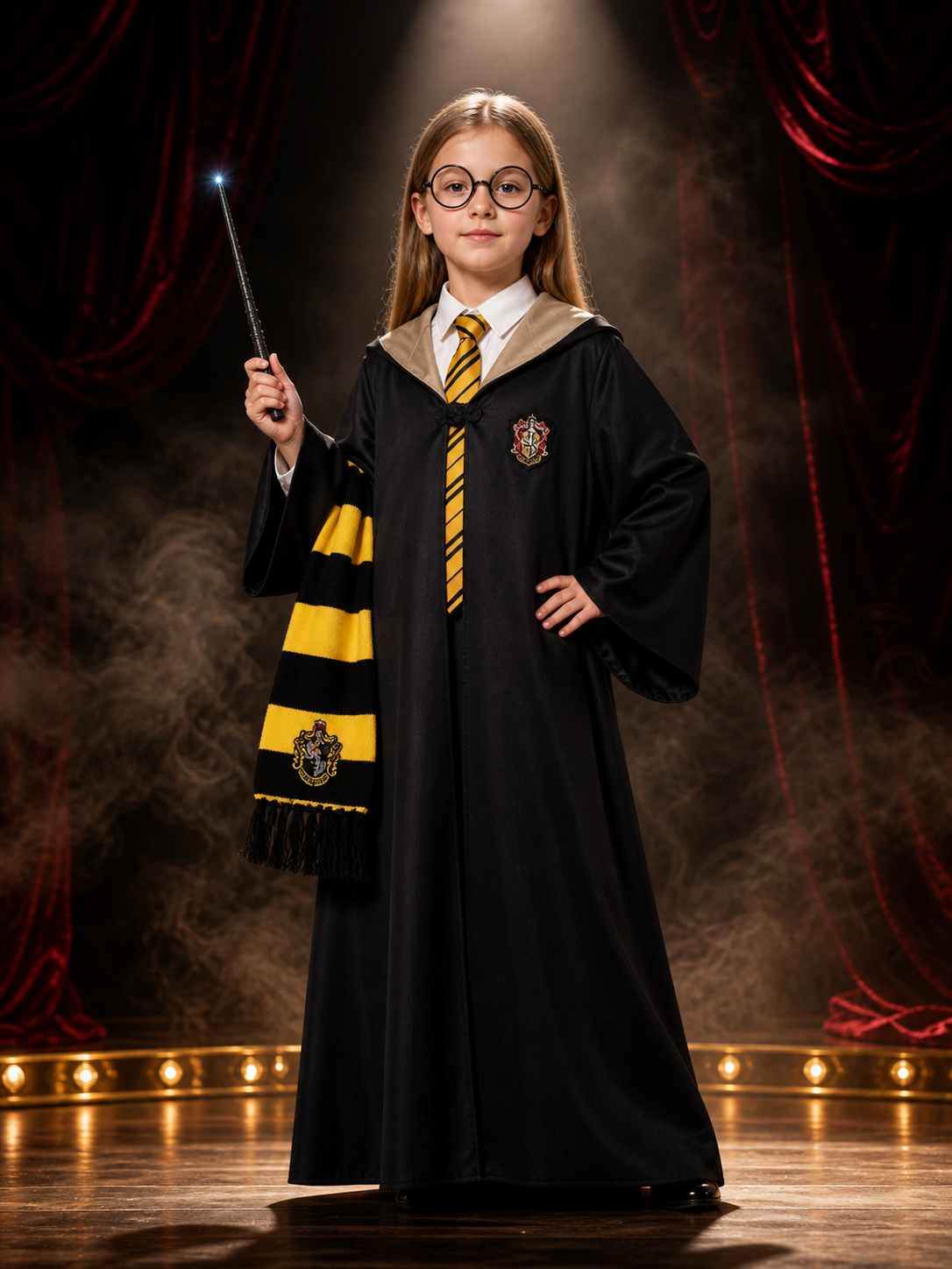 Wizard Robe Costume Set with Striped Scarf, Tie, Glasses and Wand Costume Accessories detail 3