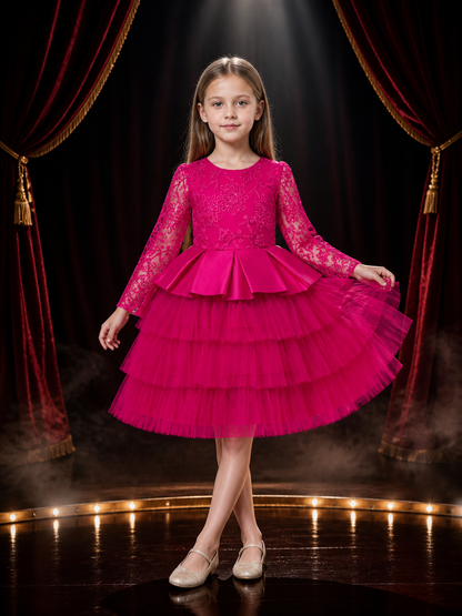 Girls' Rose Red Princess Dress With Floral Embroidery, Lace Sleeves, And Layered Costume Dresses detail 3