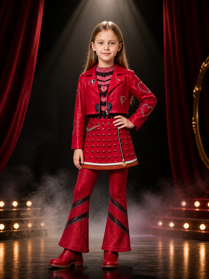 Kids Red Queen Costume Set, Red Heart Print Jacket, Skirt & Pants with Wig Costume Wigs detail 3