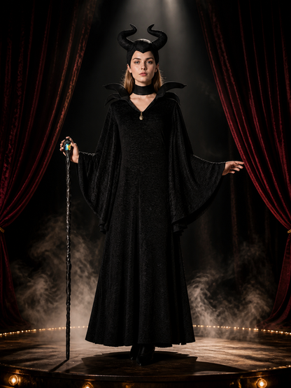 Maleficent-Inspired Halloween Costume, Black Hooded Robe With Bat-Wing Collar Costumes detail 3