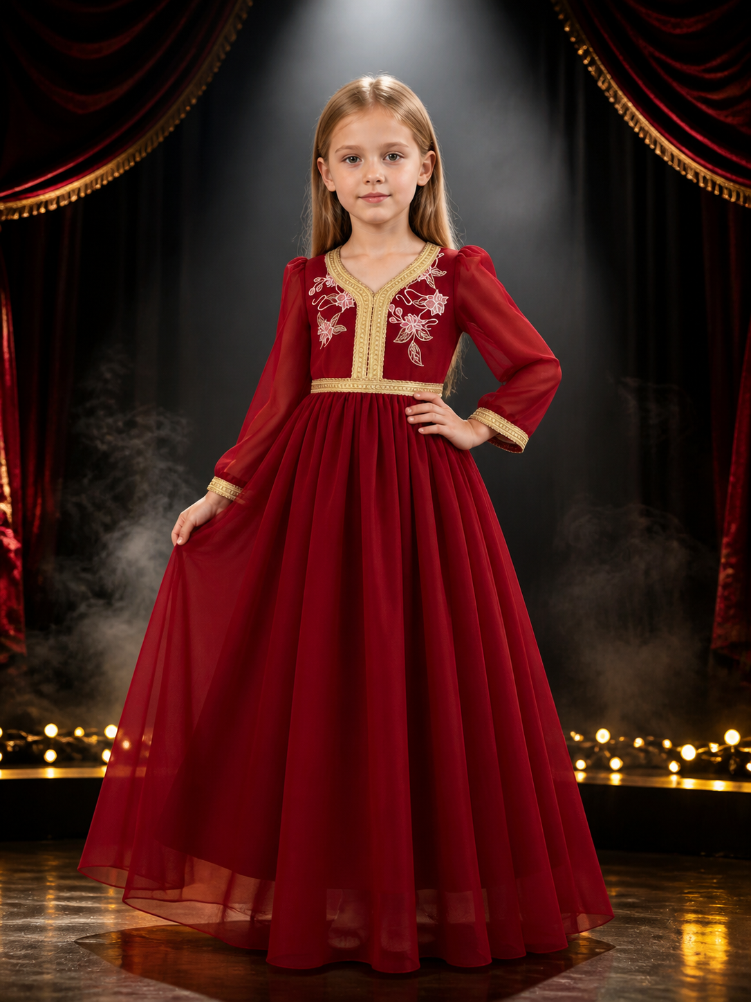 Girls' Red Princess Formal Dress with Gold Trim and Floral Embroidery, Long Costume Dresses detail 3