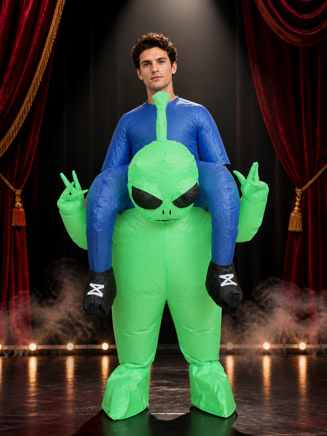 Green Alien Inflatable Costume with Blue Arms, Halloween Party Jumpsuit Costumes detail 3