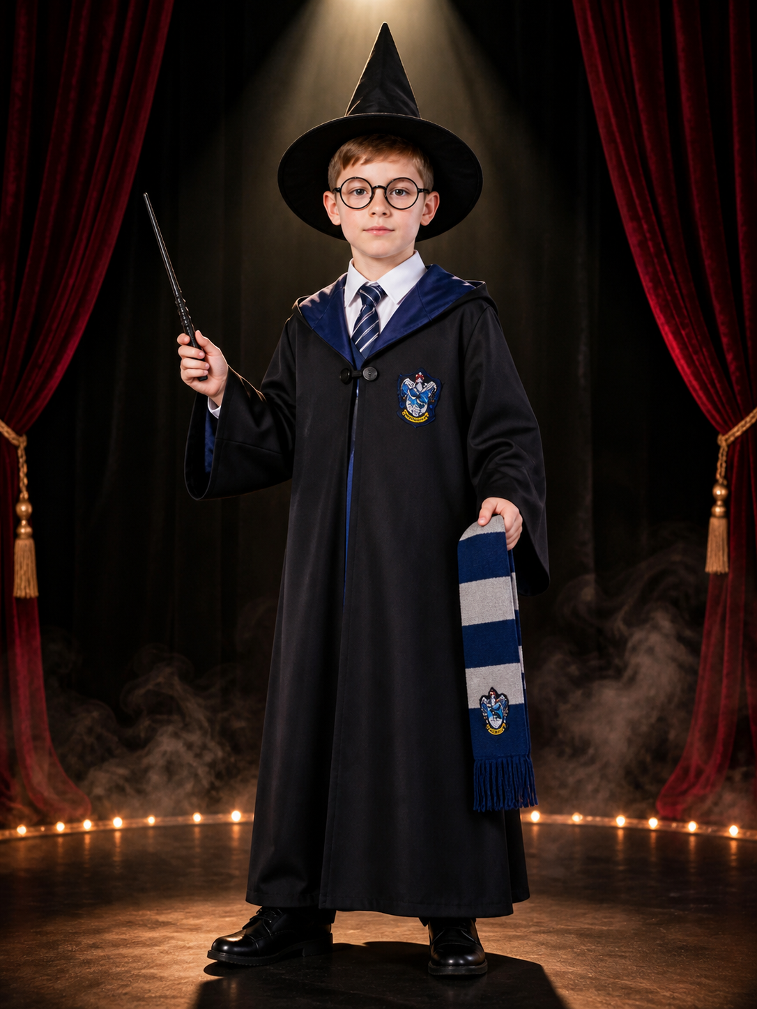 Magic Academy Wizard Costume Set, Hooded Robe with House Crest, Tie, Scarf Costumes detail 3
