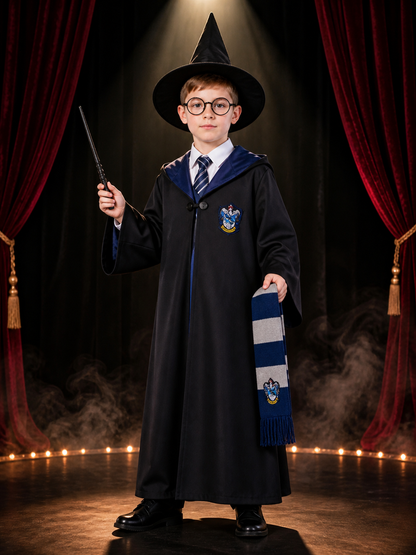 Magic Academy Wizard Costume Set, Hooded Robe with House Crest, Tie, Scarf Costumes detail 3