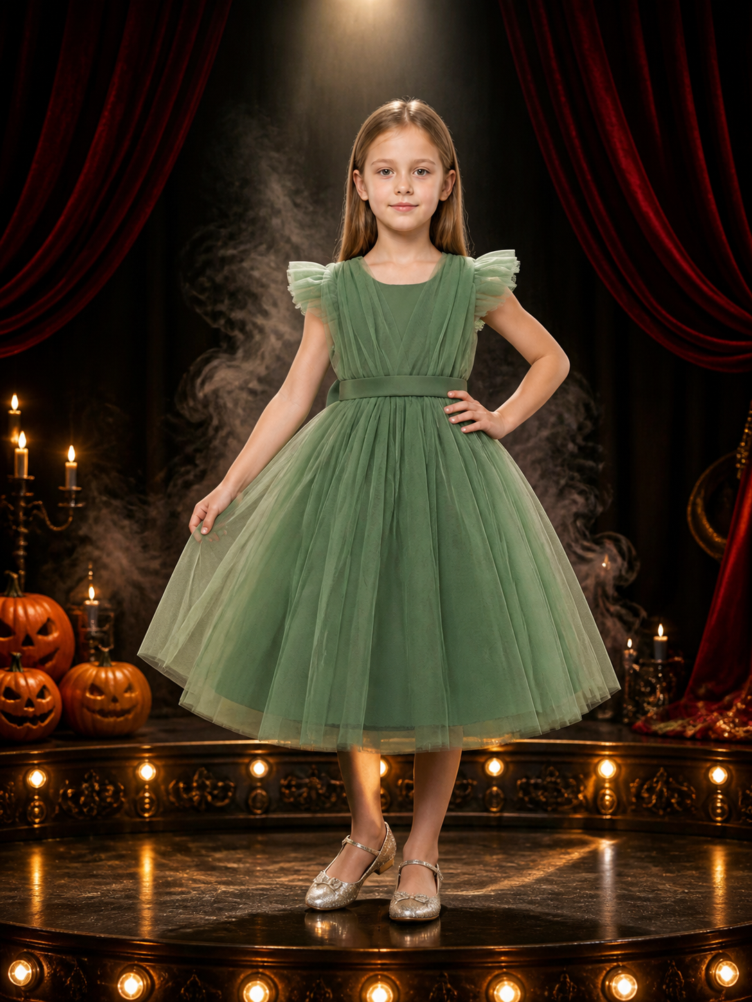 Toddler Girls' Green Princess Dress with Flutter Sleeves and Layered Tulle Full Costume Dresses detail 3