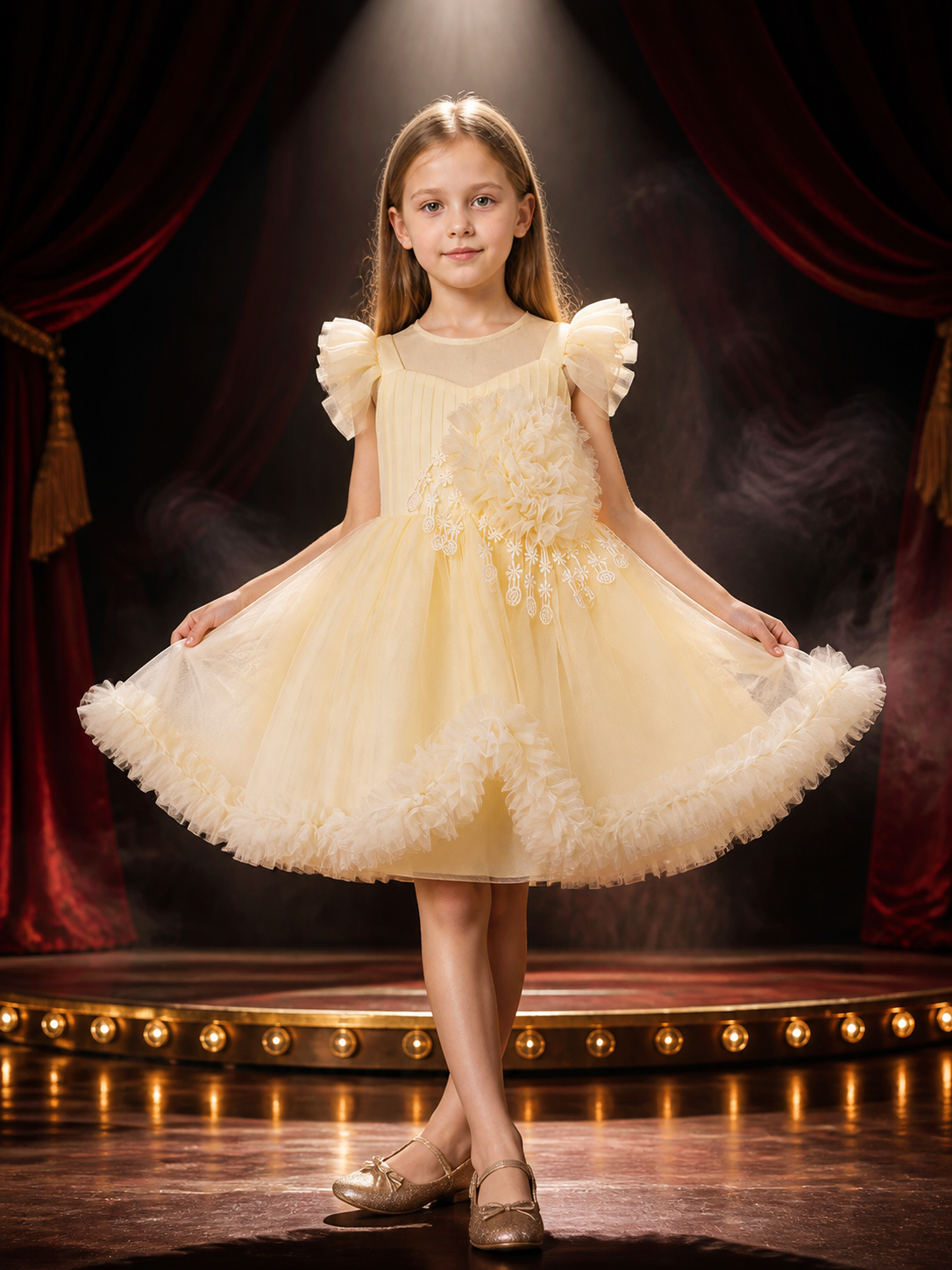 Baby Girls' Champagne Princess Flower Girl Dress, Ruffled Floral Embroidery Gown Costume Dresses detail 3