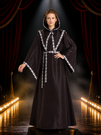 Adult Black Hooded Wizard Costume Set with Silver Trim and Belt, Long Robe Costumes detail 3
