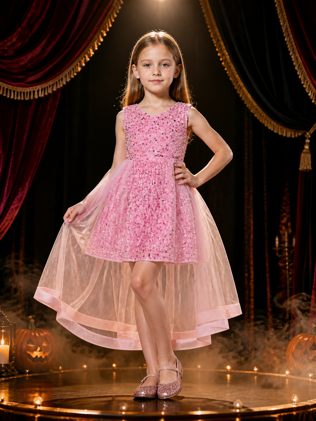 Girls' Pink Sequined Tulle Train Princess Dress, Sleeveless Flower Girl Gown Costume Dresses detail 3