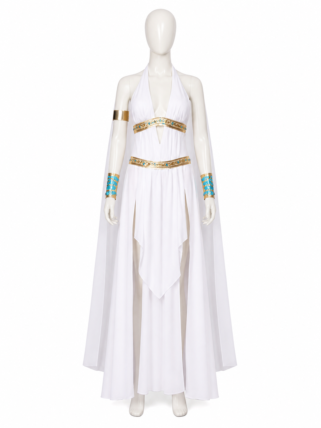 Cleopatra Costume Dress With Cape, Gold Accents and Side Slit Halloween Cosplay Costume Dresses detail 3