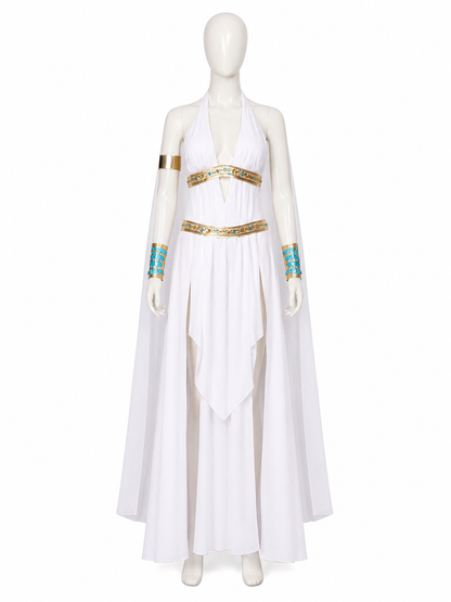 Cleopatra Costume Dress With Cape, Gold Accents and Side Slit Halloween Cosplay Costume Dresses detail 3
