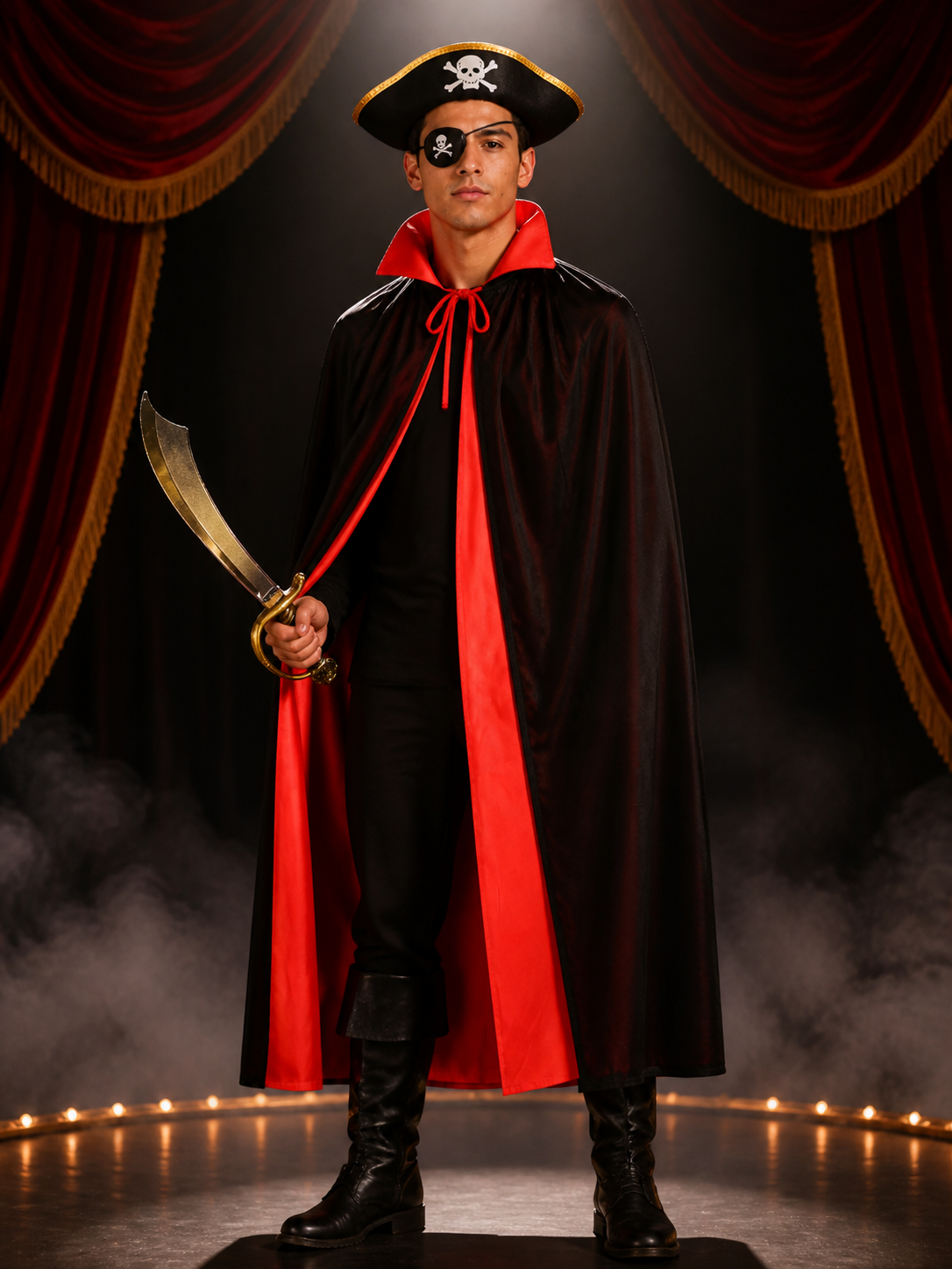 Adult & Kids Pirate Costume Set, Double-Sided Black/Red Cape, Skull & Crossbones Costume Capes detail 3