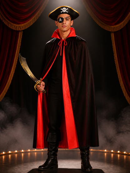Adult & Kids Pirate Costume Set, Double-Sided Black/Red Cape, Skull & Crossbones Costume Capes detail 3