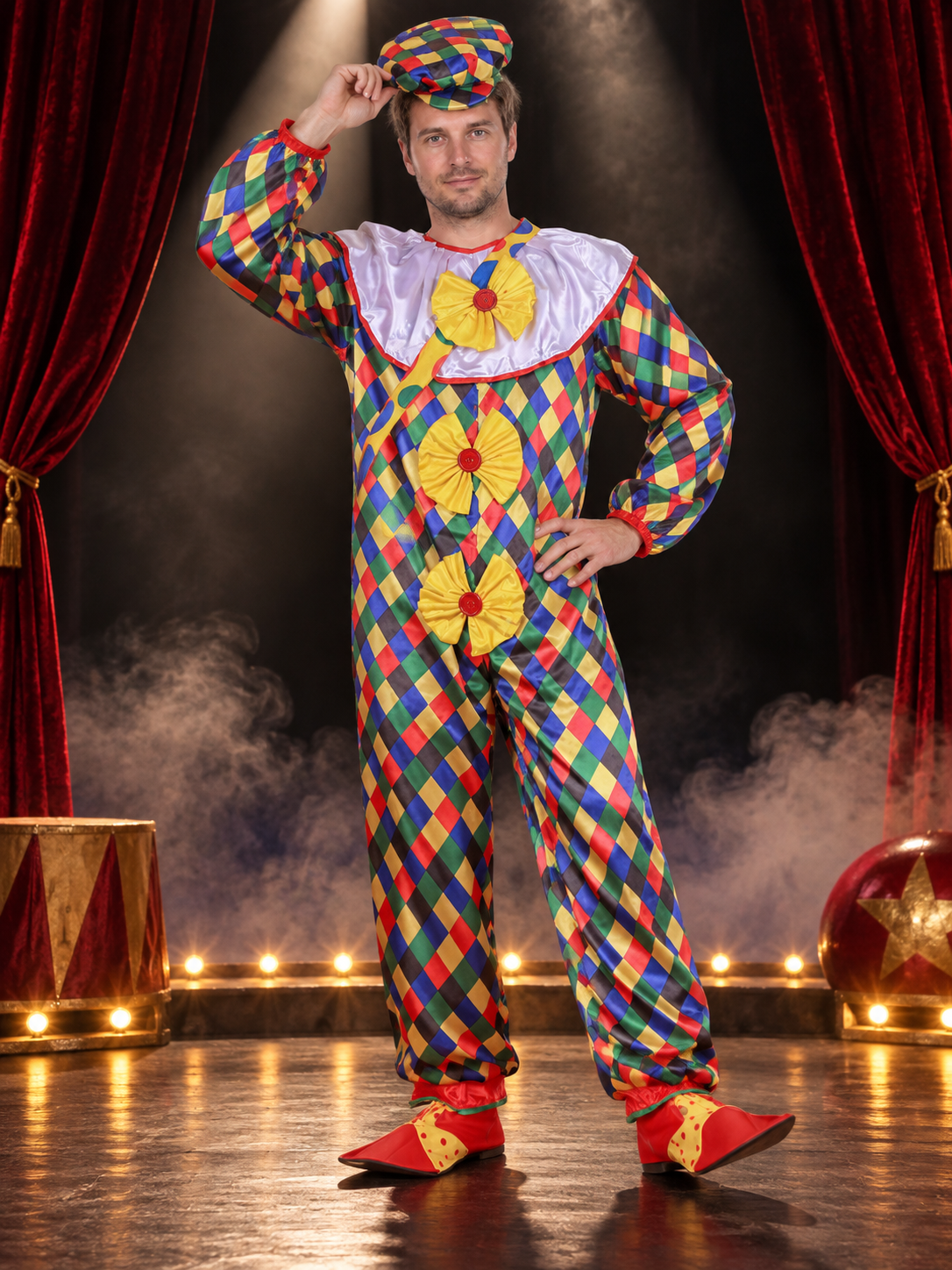 Adult Clown Costume, Colorful Jumpsuit, Hat