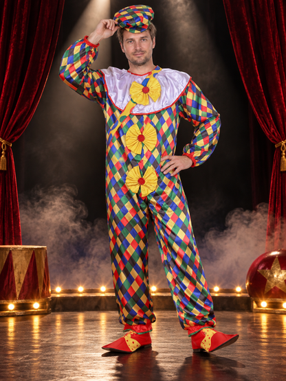 Adult Clown Costume, Colorful Jumpsuit, Hat