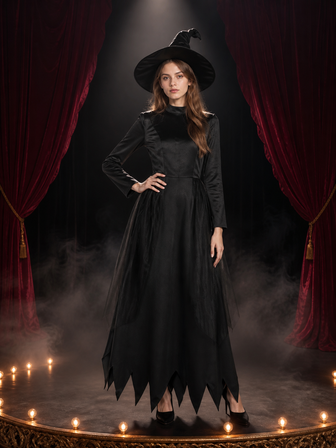 Women's Black Witch Costume Set, Long-Sleeve Dress With Pointed Hat Costume Dresses detail 3
