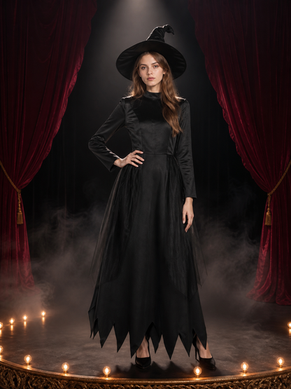 Women's Black Witch Costume Set, Long-Sleeve Dress With Pointed Hat Costume Dresses detail 3