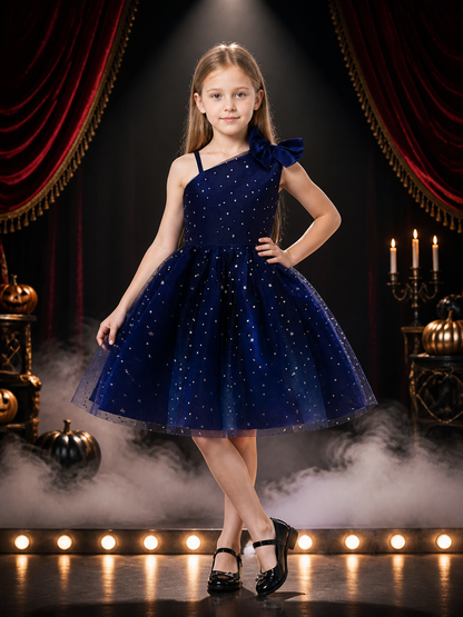 Girls' Navy Princess Dress With Star Moon Sequins, Mesh A-Line Skirt Costume Dresses detail 3