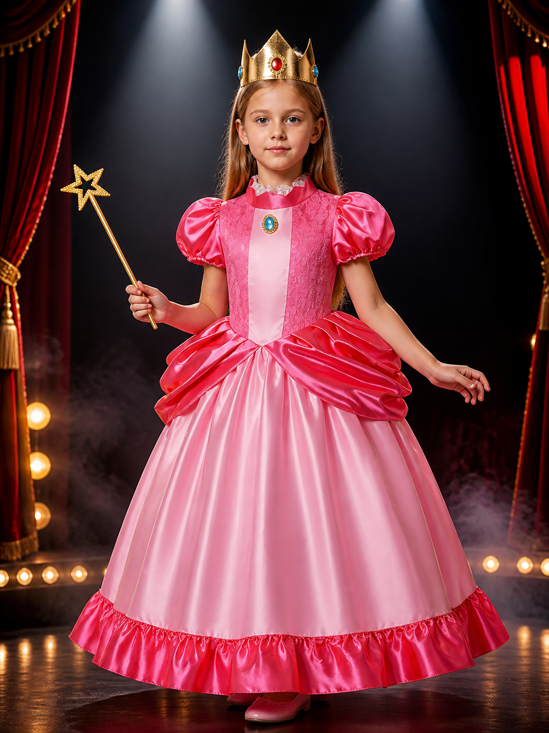 Kids Princess Costume Set With Pink Lace Ruffle Ball Gown, Crown And Star Magic Costume Dresses detail 3