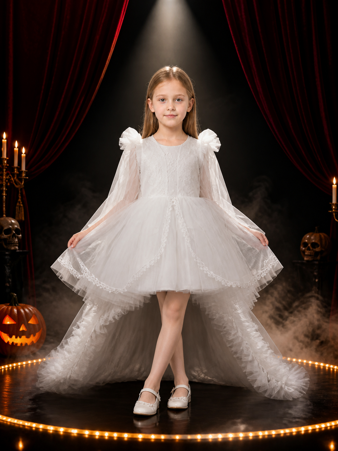 Toddler Girls' White Princess Dress with Lace Trim, Long Sleeves and Tiered Costume Dresses detail 3