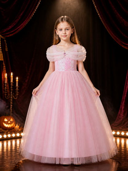 Girls' Pink Princess Costume Dress, Sequined Off-Shoulder Layered Tulle Gown Costume Dresses detail 3