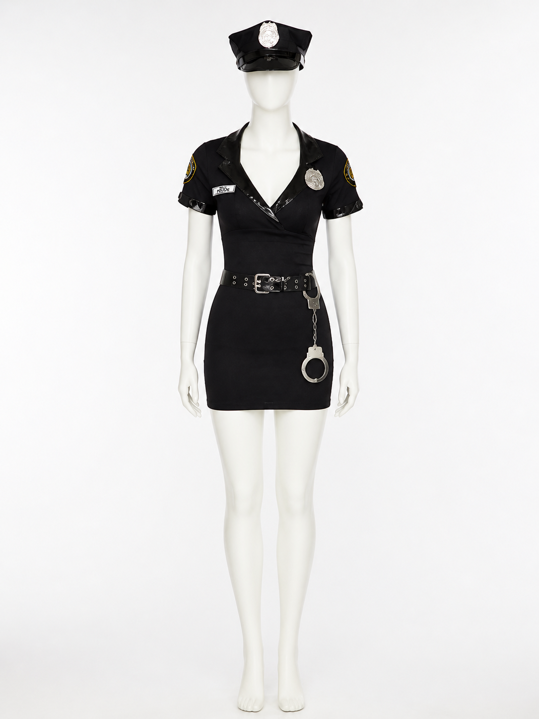 Women's Black Police Costume Set, Short Dress With Hat, Belt And Handcuffs Costume Dresses detail 3