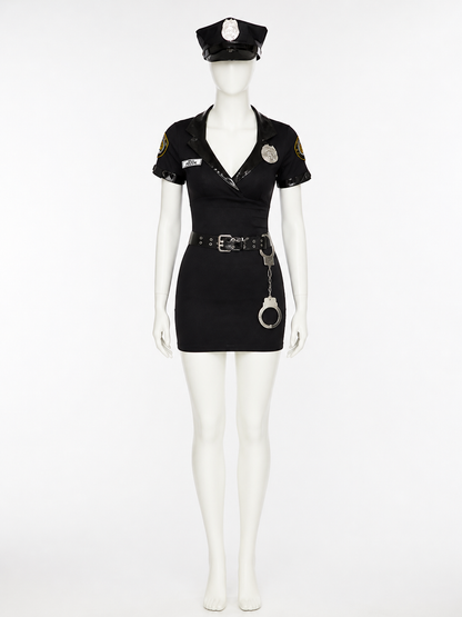 Women's Black Police Costume Set, Short Dress With Hat, Belt And Handcuffs Costume Dresses detail 3