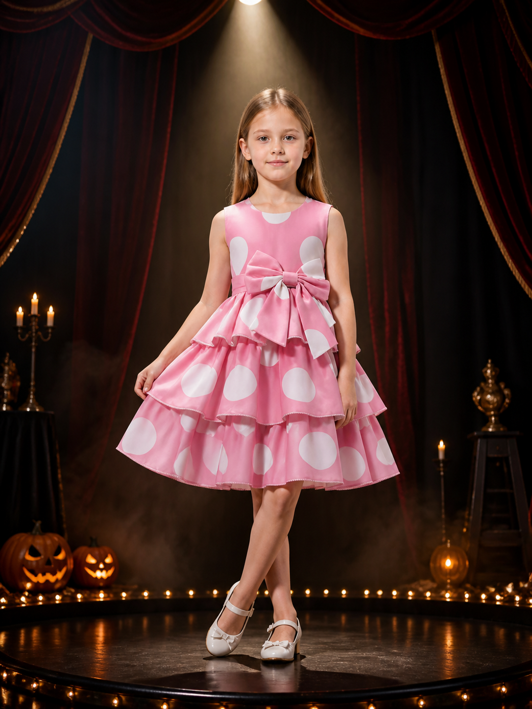 Girls' Pink Polka Dot Princess Dress with Bow and Ruffle Skirt Costume Dresses detail 3