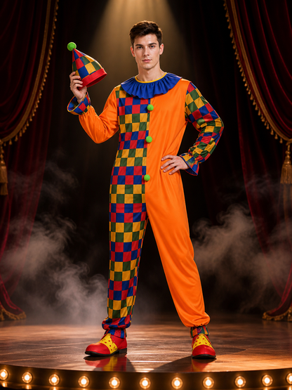 Adult Clown Jumpsuit Costume, Multicolor Checkered Print Bodysuit for Halloween Costumes detail 3